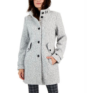 Juniors' Maralyn & Me Single-Breasted White Gray Bouclé Coat